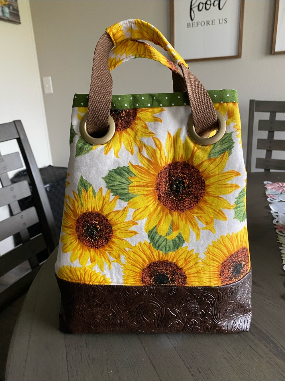 Sunflower Print Tote Bag with Brown Trim 12”x12”